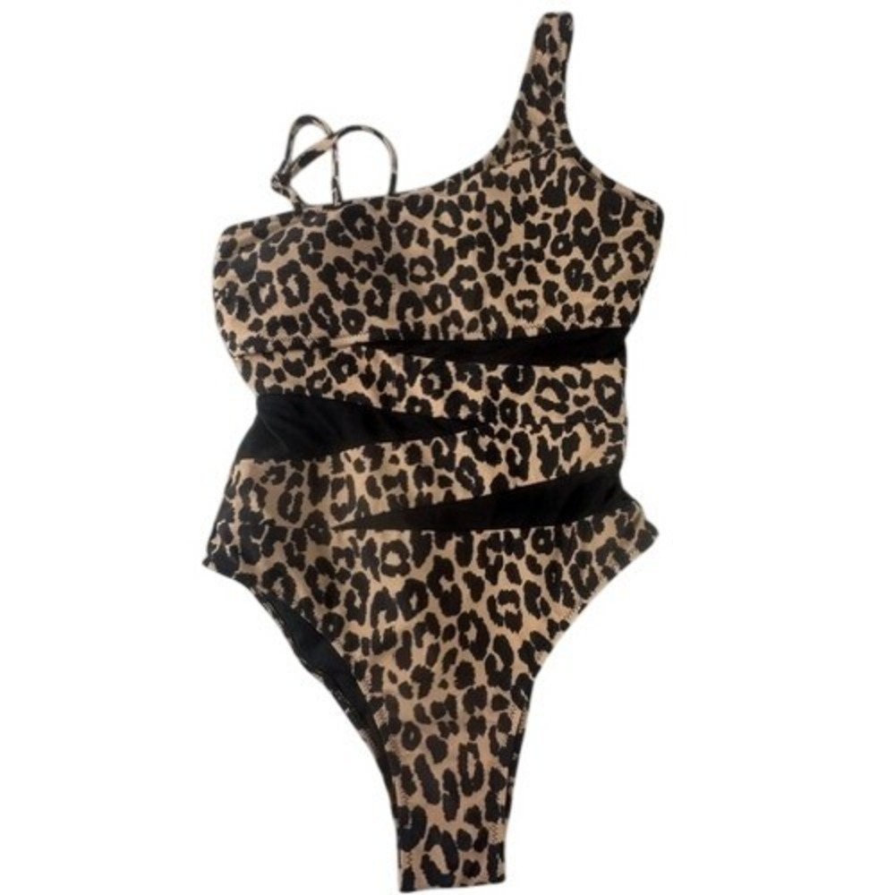 Pink Lily One Piece Swimsuit Women S Leopard Print Mesh Cutout One Shoulder S